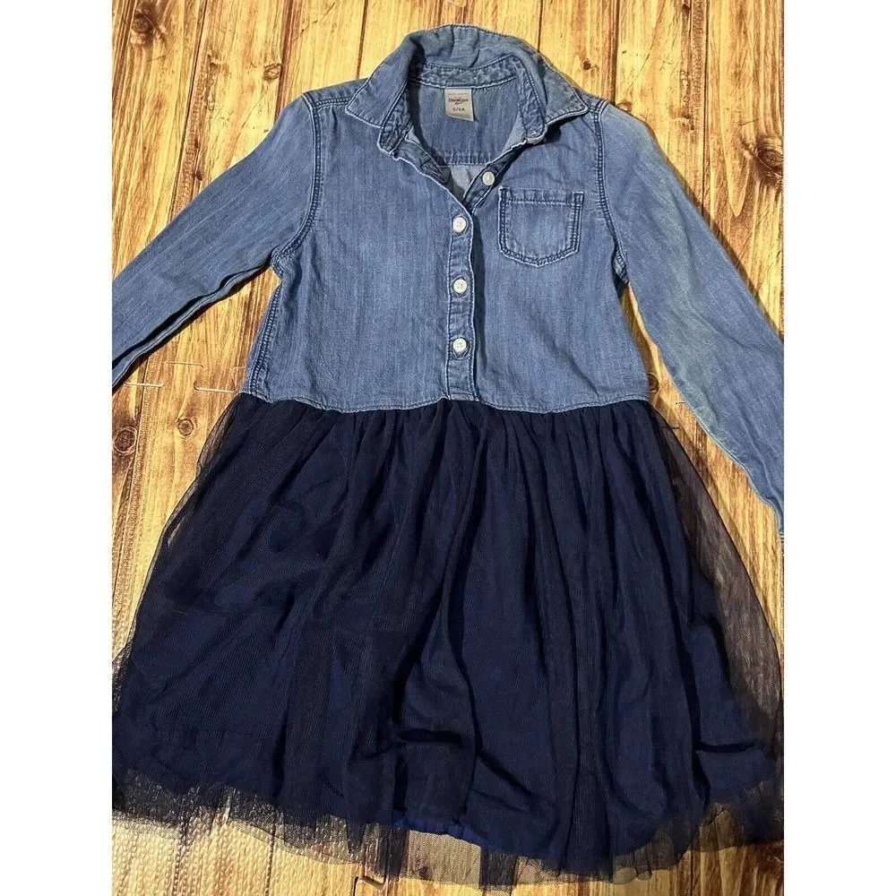 Kid Denim & Tulle Dress In Mosaic Blue Size 5